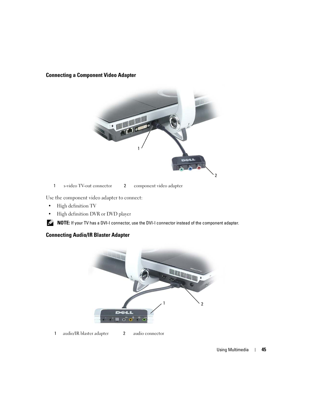 Dell M2010, PP03X owner manual Connecting a Component Video Adapter, Connecting Audio/IR Blaster Adapter 