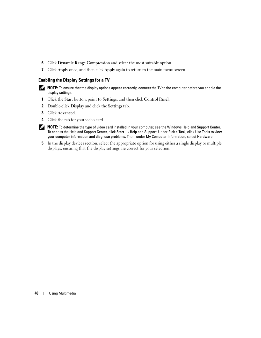 Dell PP03X, M2010 owner manual Enabling the Display Settings for a TV 