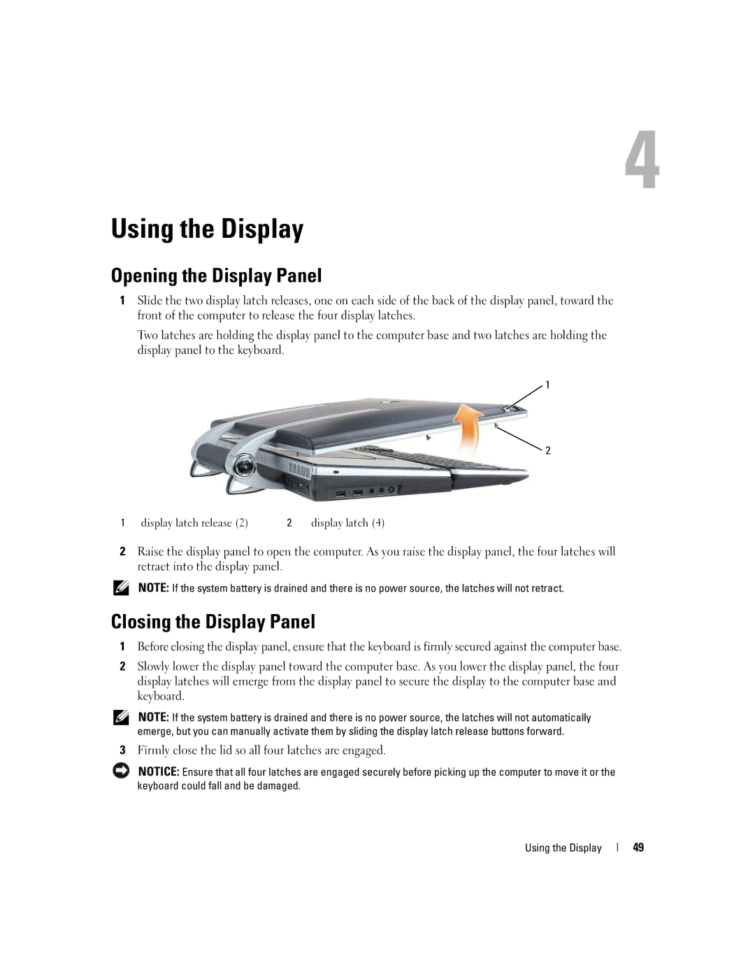 Dell M2010, PP03X Using the Display, Opening the Display Panel, Closing the Display Panel, Display latch release 