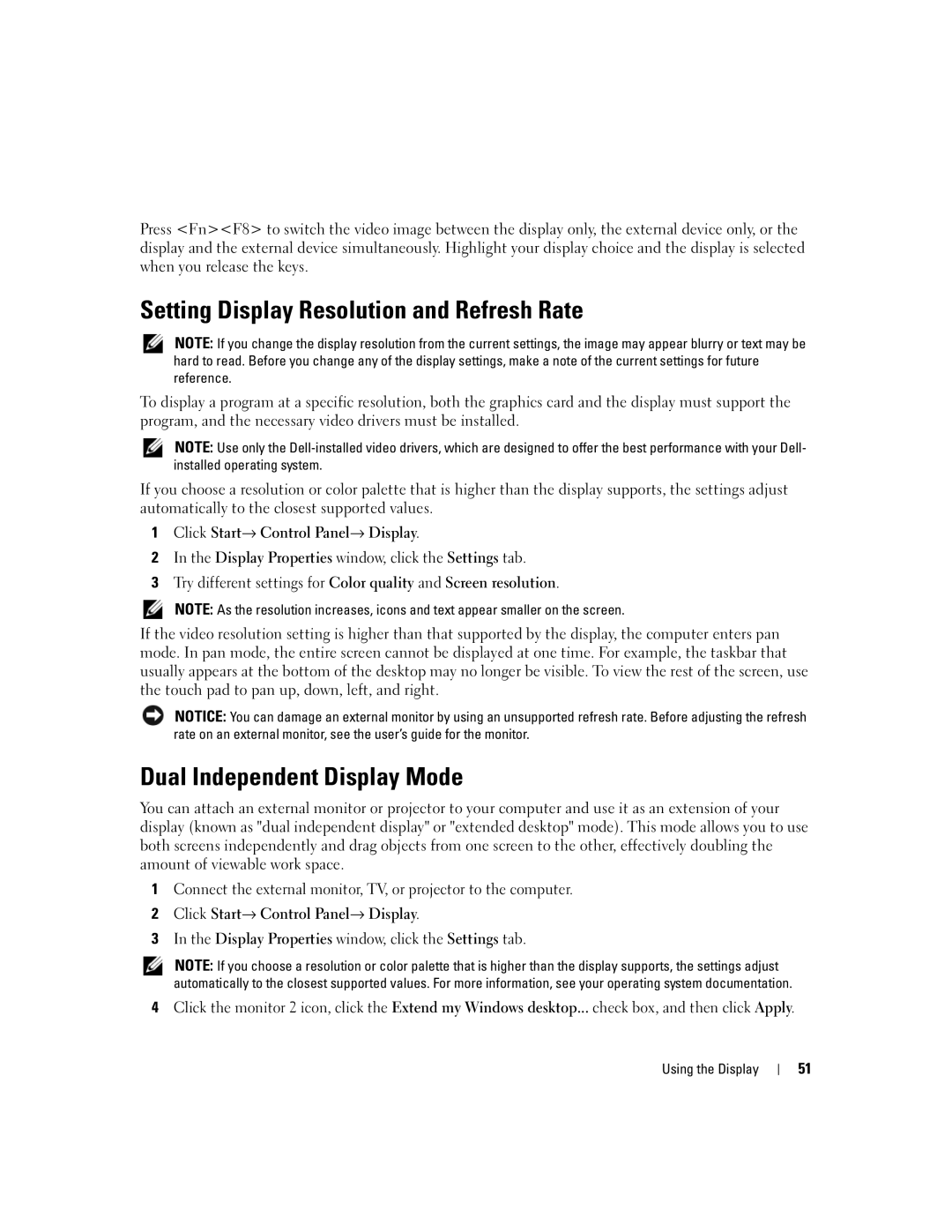 Dell M2010, PP03X owner manual Setting Display Resolution and Refresh Rate, Dual Independent Display Mode 