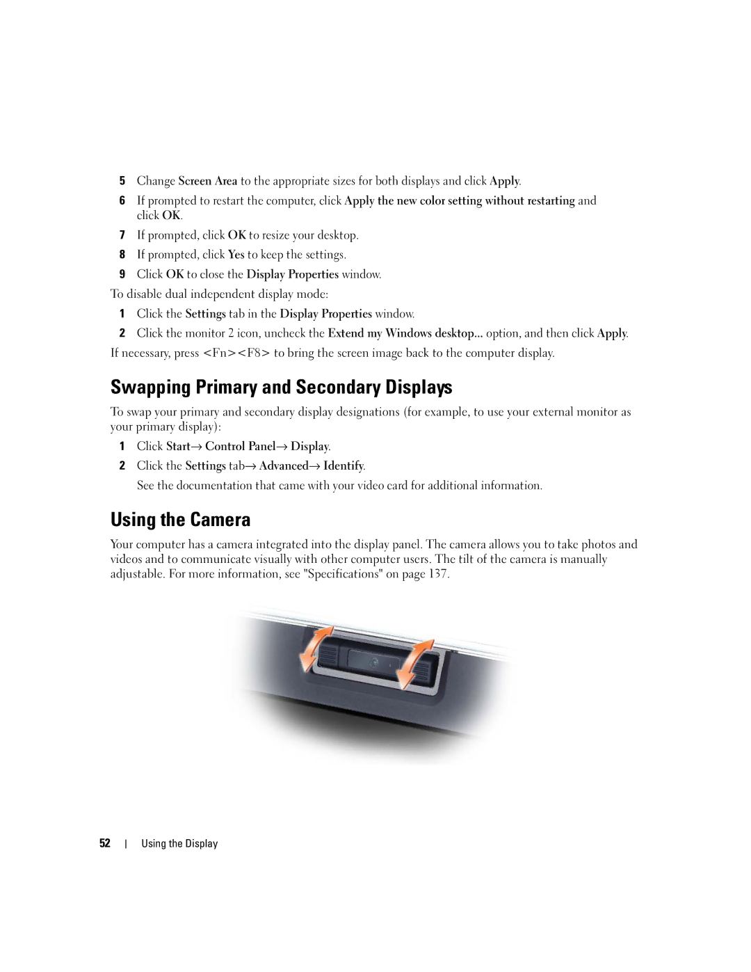 Dell PP03X, M2010 owner manual Swapping Primary and Secondary Displays, Using the Camera 