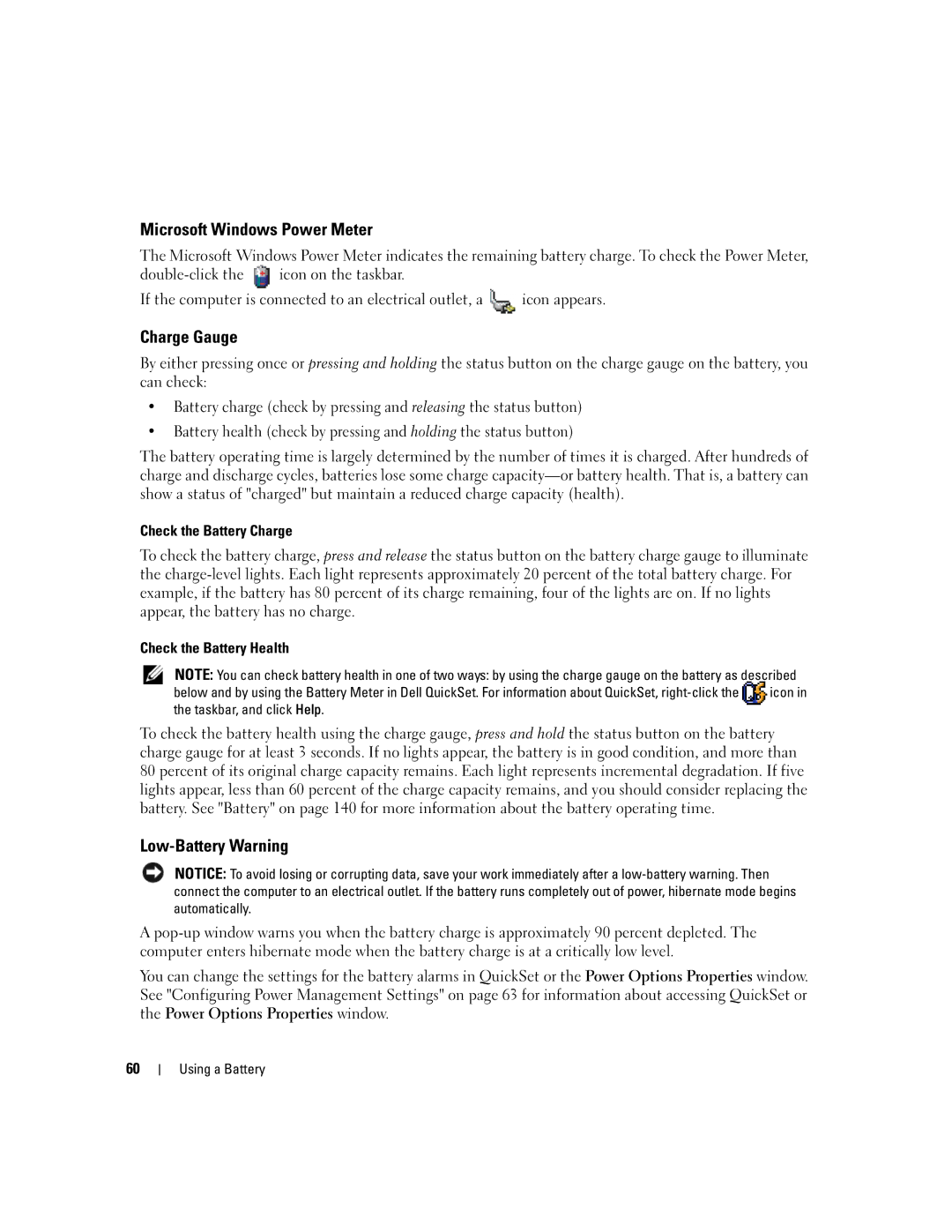Dell PP03X, M2010 owner manual Microsoft Windows Power Meter, Charge Gauge, Low-Battery Warning, Check the Battery Charge 