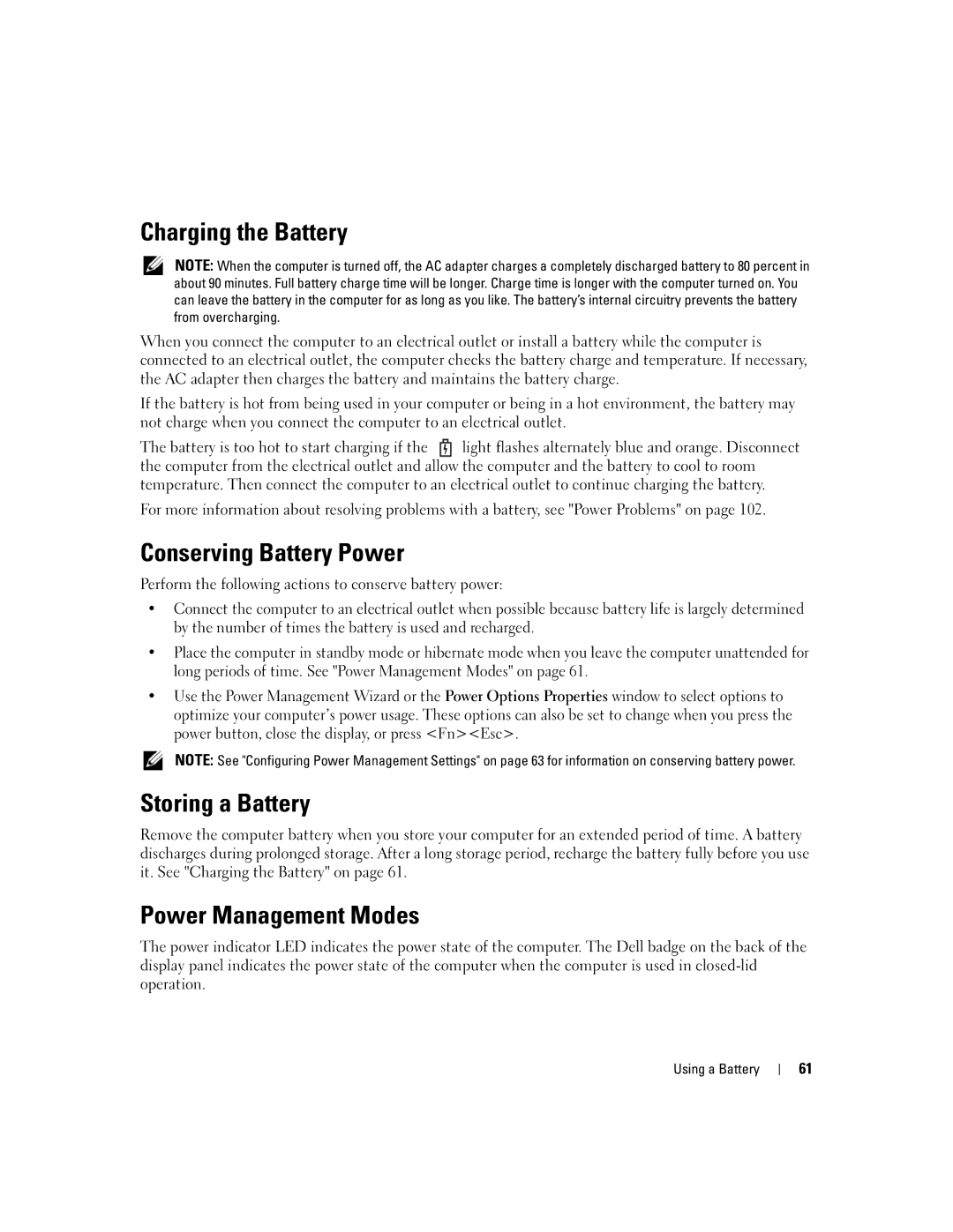 Dell M2010, PP03X owner manual Charging the Battery, Conserving Battery Power, Storing a Battery, Power Management Modes 