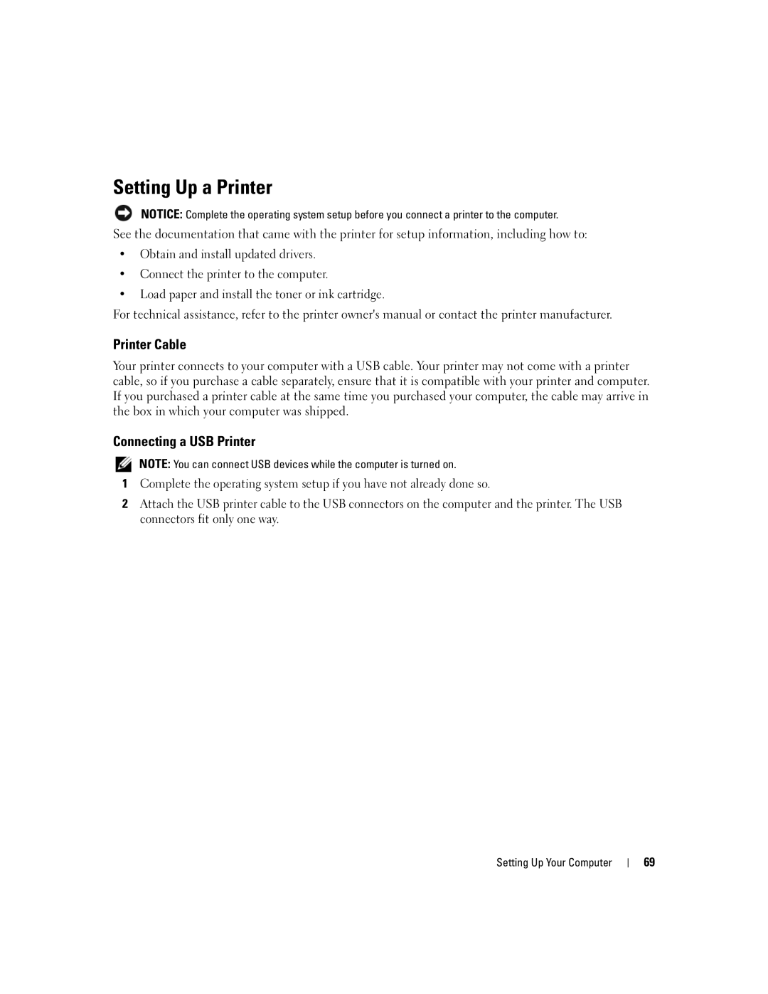 Dell M2010, PP03X owner manual Setting Up a Printer, Printer Cable, Connecting a USB Printer 