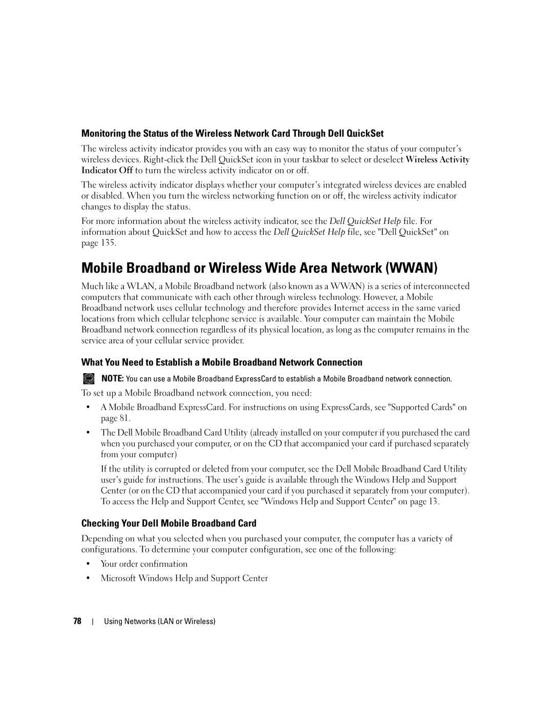 Dell PP03X, M2010 owner manual Mobile Broadband or Wireless Wide Area Network Wwan, Checking Your Dell Mobile Broadband Card 