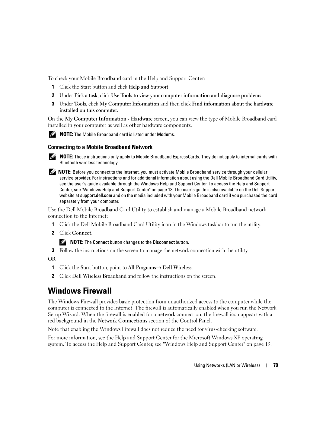 Dell M2010, PP03X owner manual Windows Firewall, Connecting to a Mobile Broadband Network 