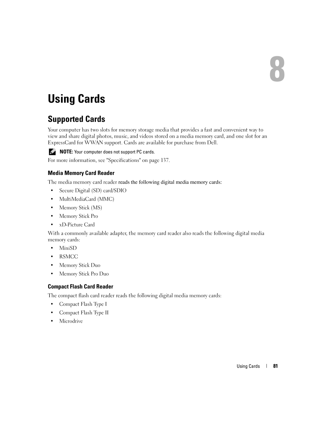 Dell M2010, PP03X owner manual Using Cards, Supported Cards, Media Memory Card Reader, Compact Flash Card Reader 