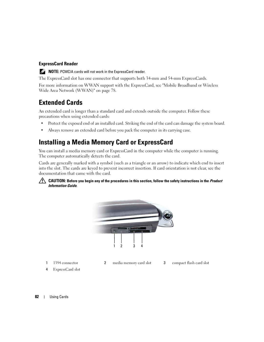 Dell PP03X Extended Cards, Installing a Media Memory Card or ExpressCard, ExpressCard Reader, ExpressCard slot Using Cards 