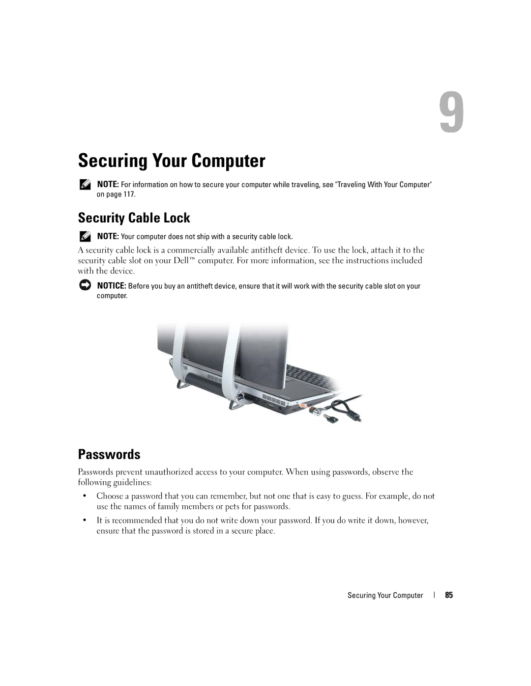 Dell M2010, PP03X owner manual Securing Your Computer, Security Cable Lock, Passwords 