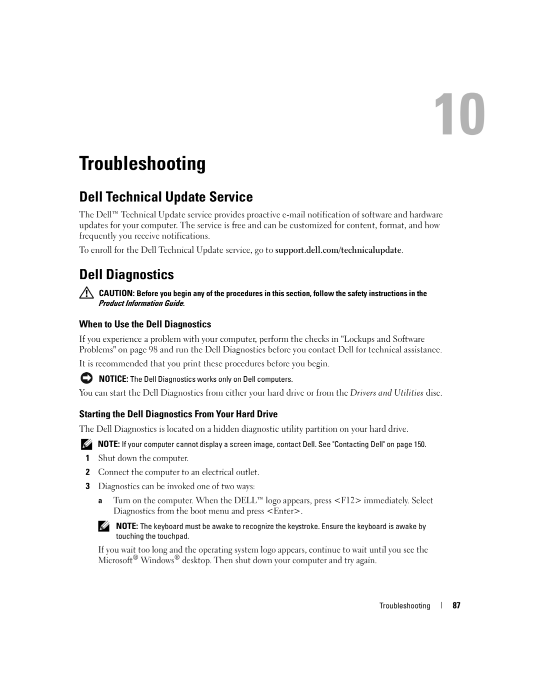 Dell M2010, PP03X owner manual Troubleshooting, Dell Technical Update Service, When to Use the Dell Diagnostics 