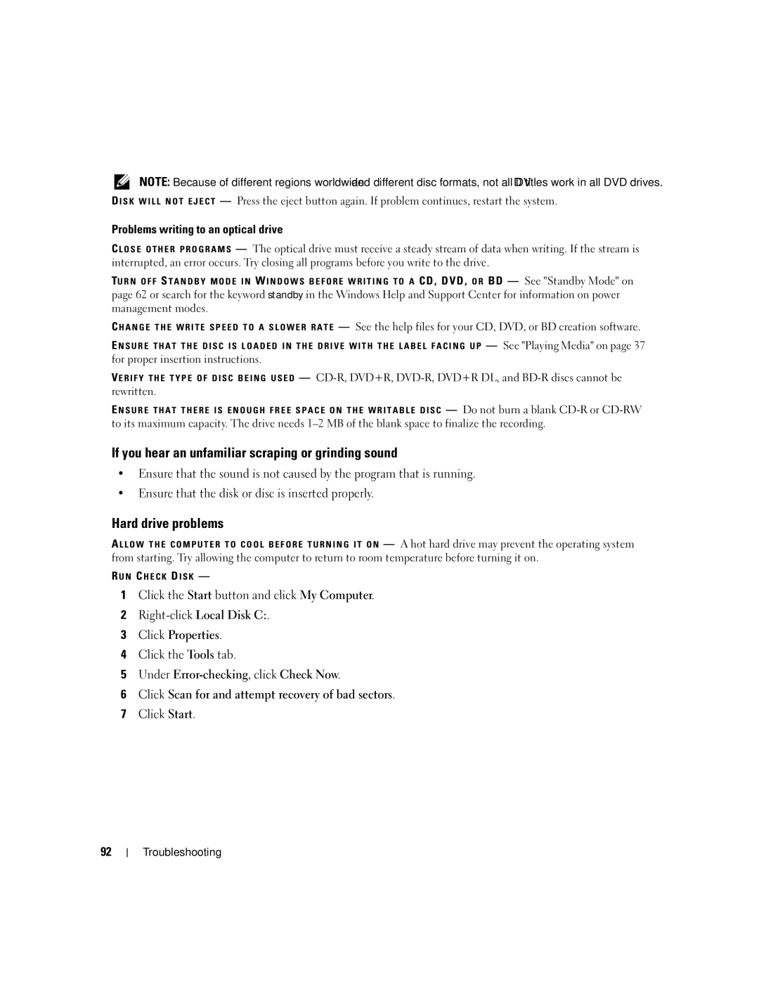 Dell PP03X If you hear an unfamiliar scraping or grinding sound, Hard drive problems, Problems writing to an optical drive 