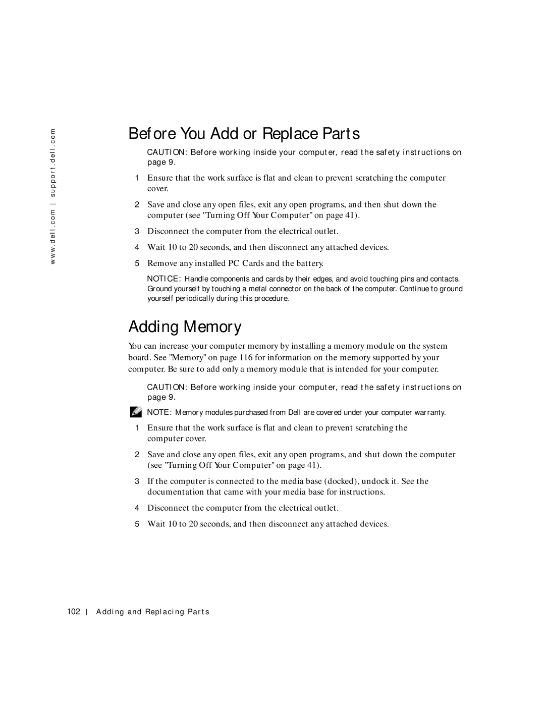 Dell PP04S owner manual Before You Add or Replace Parts, Adding Memory, Adding and Replacing Parts 