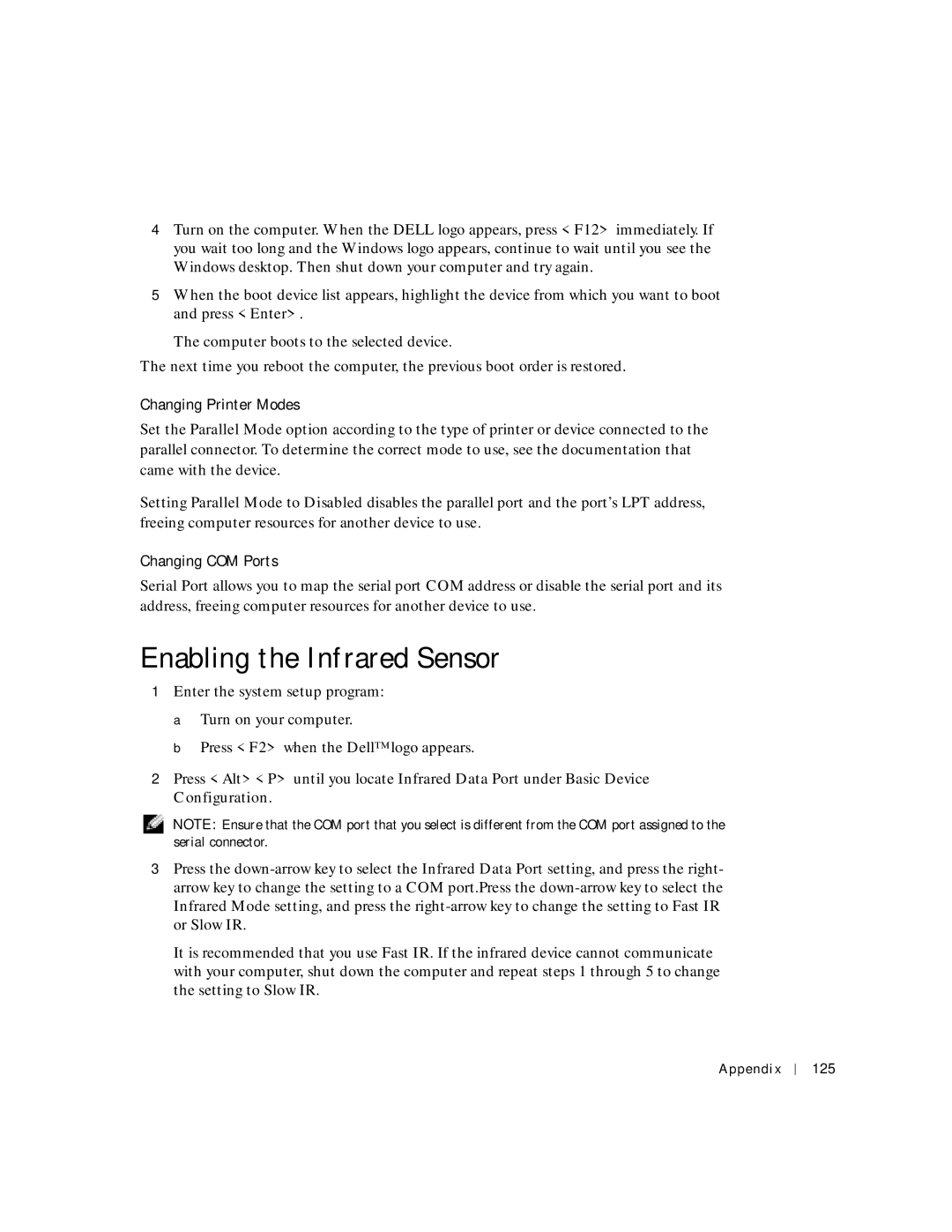 Dell PP04S owner manual Enabling the Infrared Sensor, Changing Printer Modes, Changing COM Ports, Appendix 125 