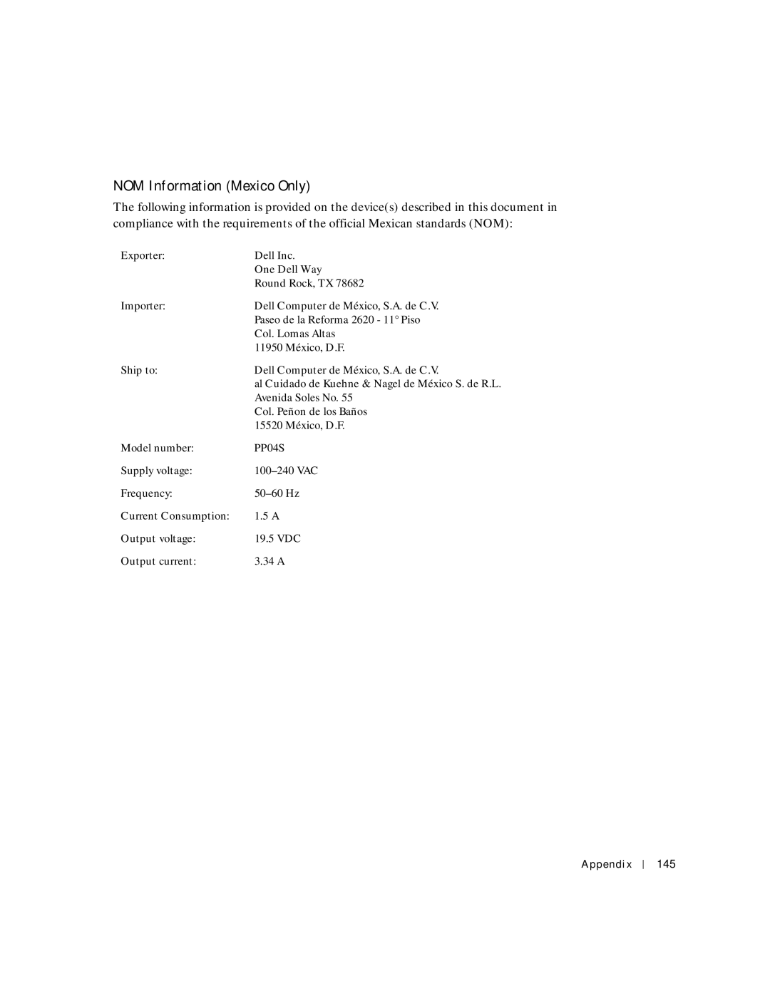 Dell PP04S owner manual NOM Information Mexico Only, Appendix 145 