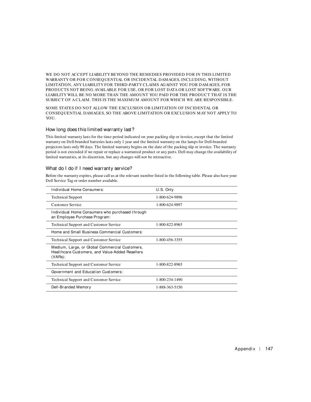 Dell PP04S owner manual How long does this limited warranty last?, What do I do if I need warranty service?, Appendix 147 