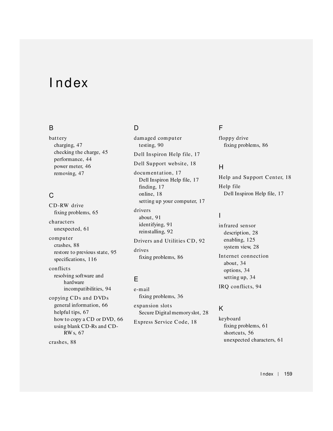 Dell PP04S owner manual D ex, Index 159 