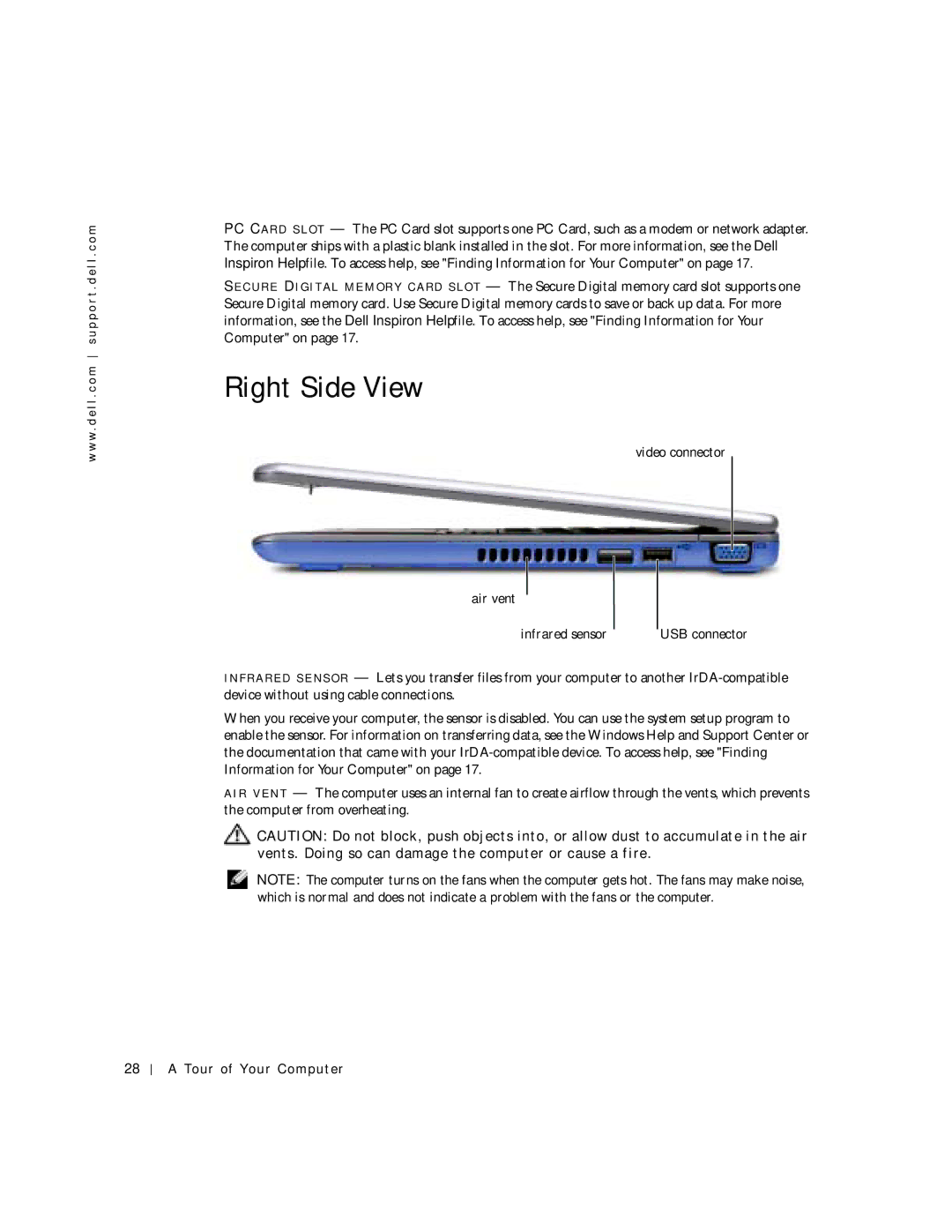 Dell PP04S owner manual Right Side View, Video connector Air vent Infrared sensor 