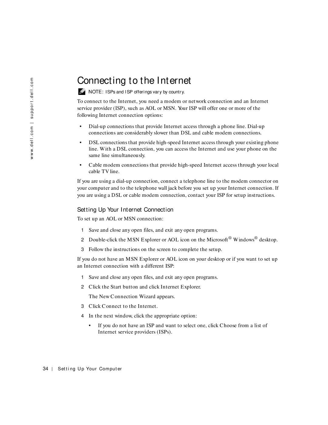 Dell PP04S owner manual Connecting to the Internet, Setting Up Your Internet Connection, Setting Up Your Computer 