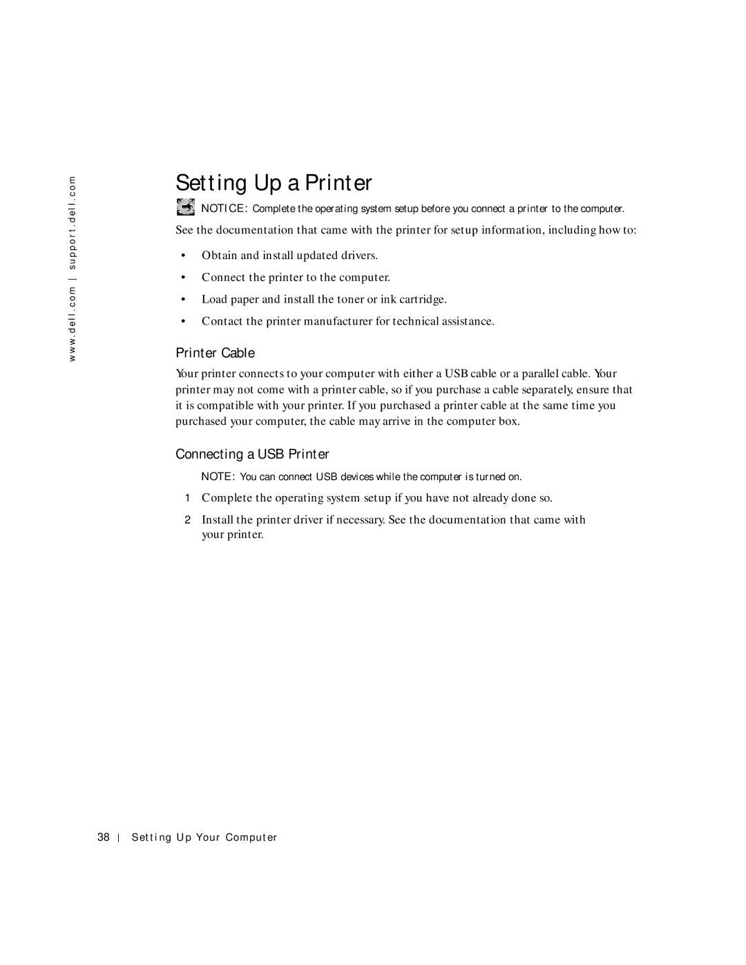 Dell PP04S owner manual Setting Up a Printer, Printer Cable, Connecting a USB Printer 