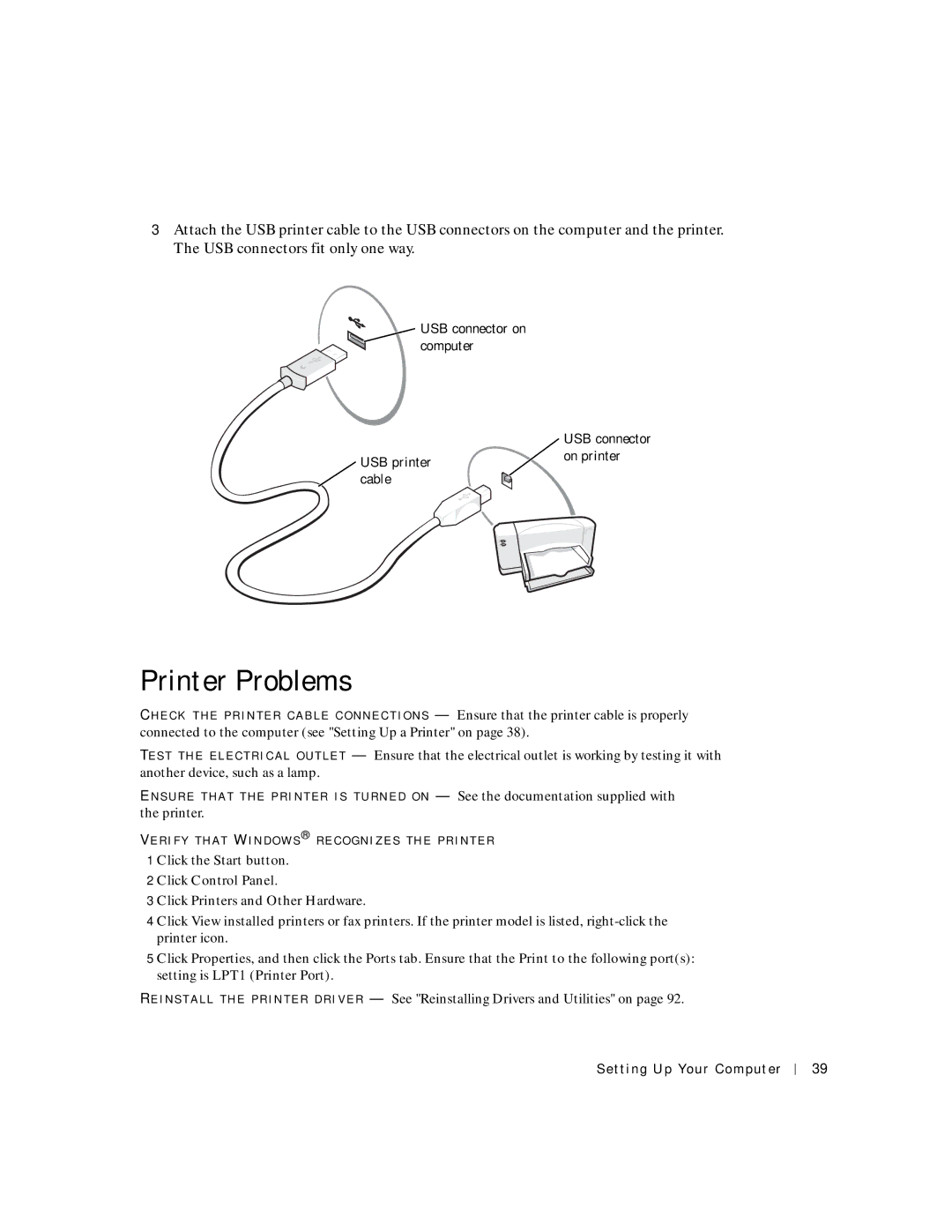 Dell PP04S owner manual Printer Problems, USB connector on computer, USB printer On printer Cable 