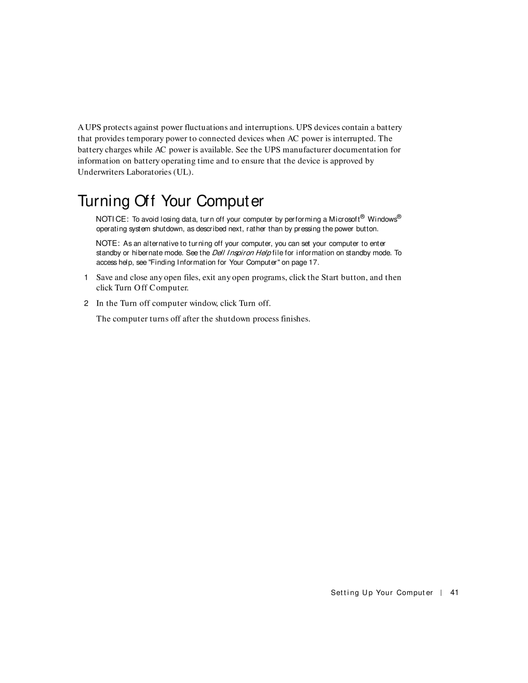 Dell PP04S owner manual Turning Off Your Computer, Turn off computer window, click Turn off 