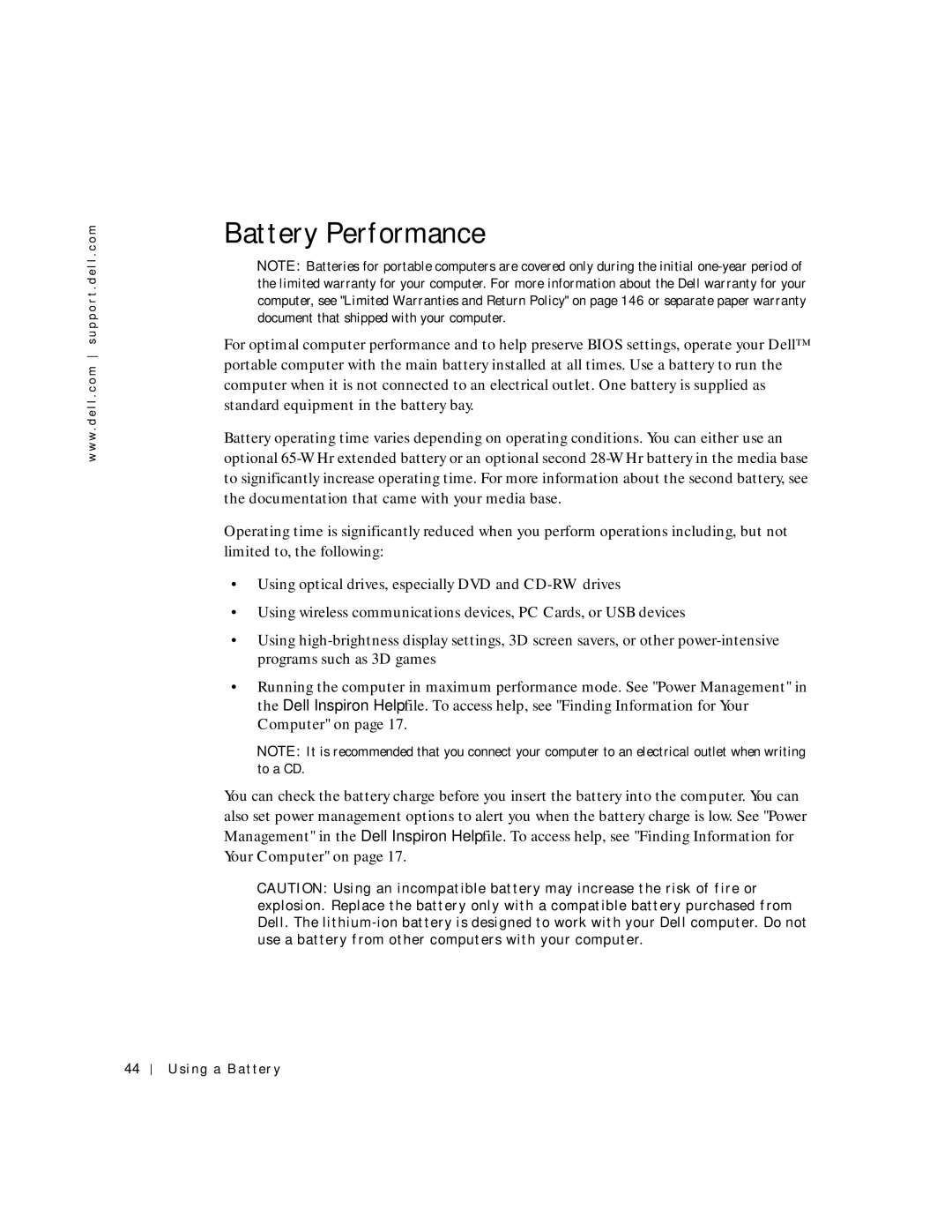 Dell PP04S owner manual Battery Performance, Using a Batter y 