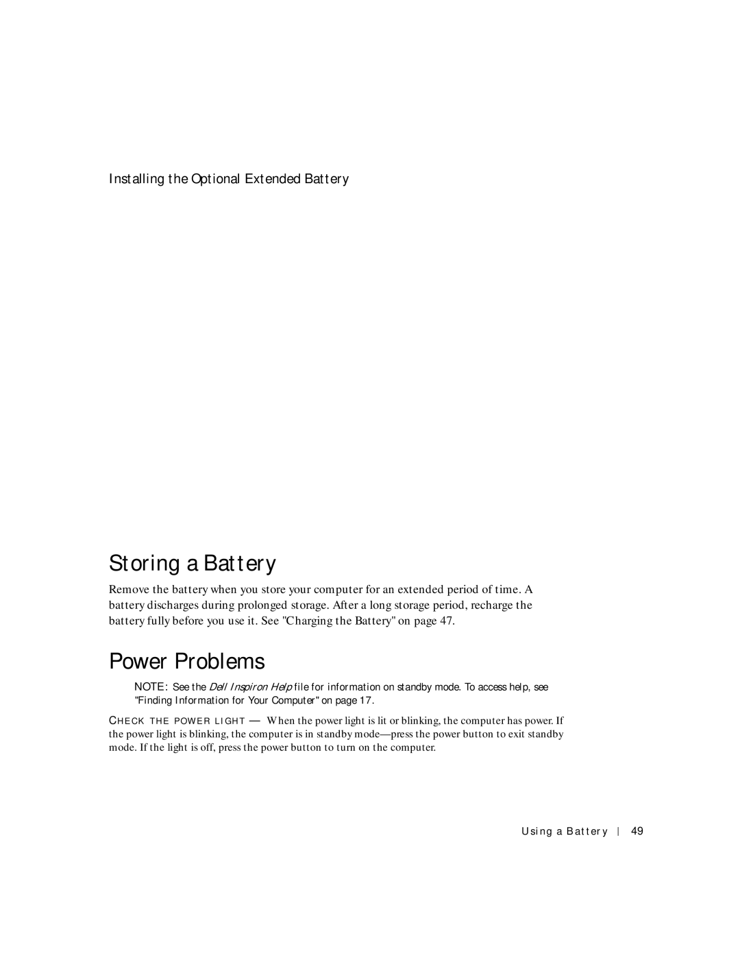 Dell PP04S owner manual Storing a Battery, Power Problems, Installing the Optional Extended Battery 