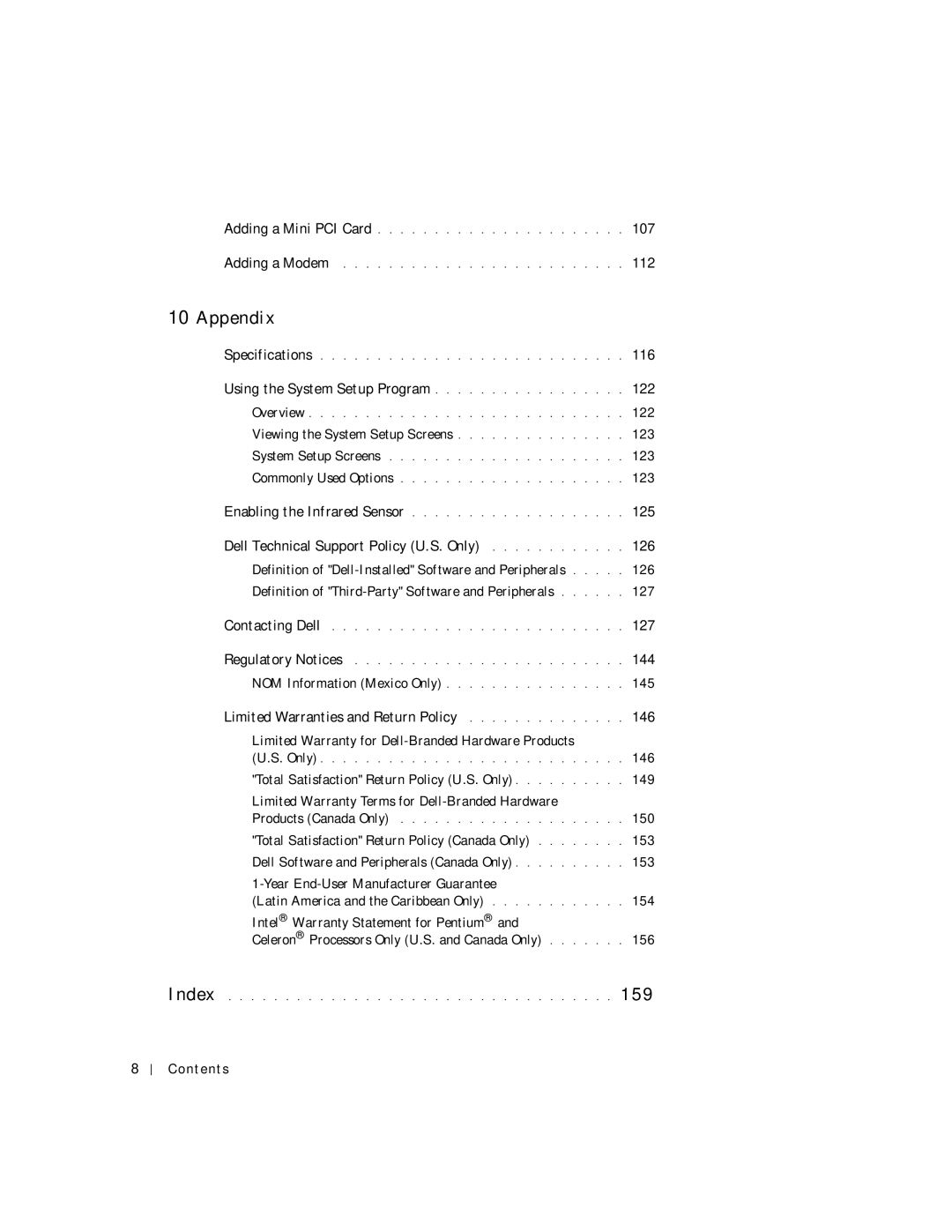 Dell PP04S owner manual 116, Using the System Setup Program 122, Viewing the System Setup Screens 123, 125, 144, 150 