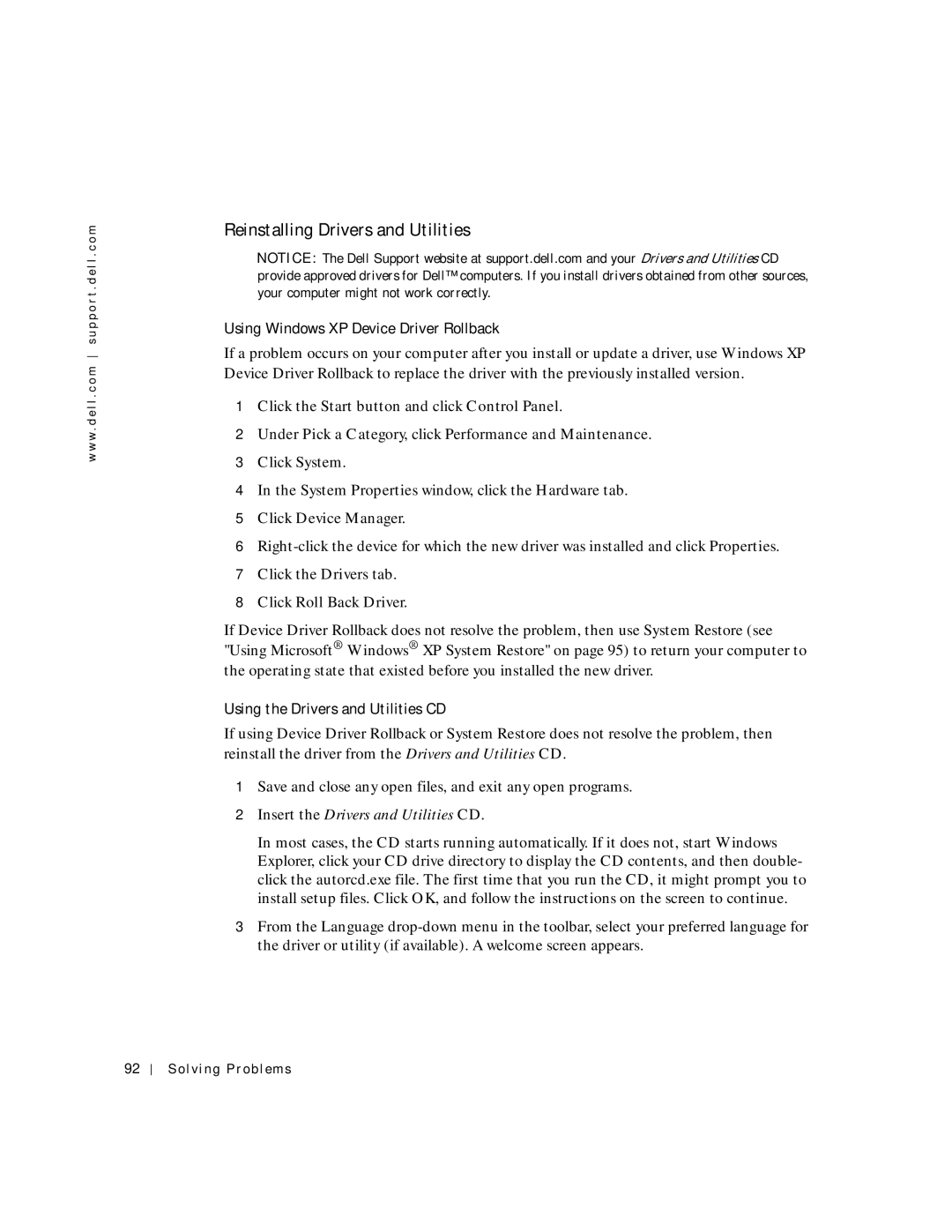 Dell PP04S Reinstalling Drivers and Utilities, Using Windows XP Device Driver Rollback, Using the Drivers and Utilities CD 