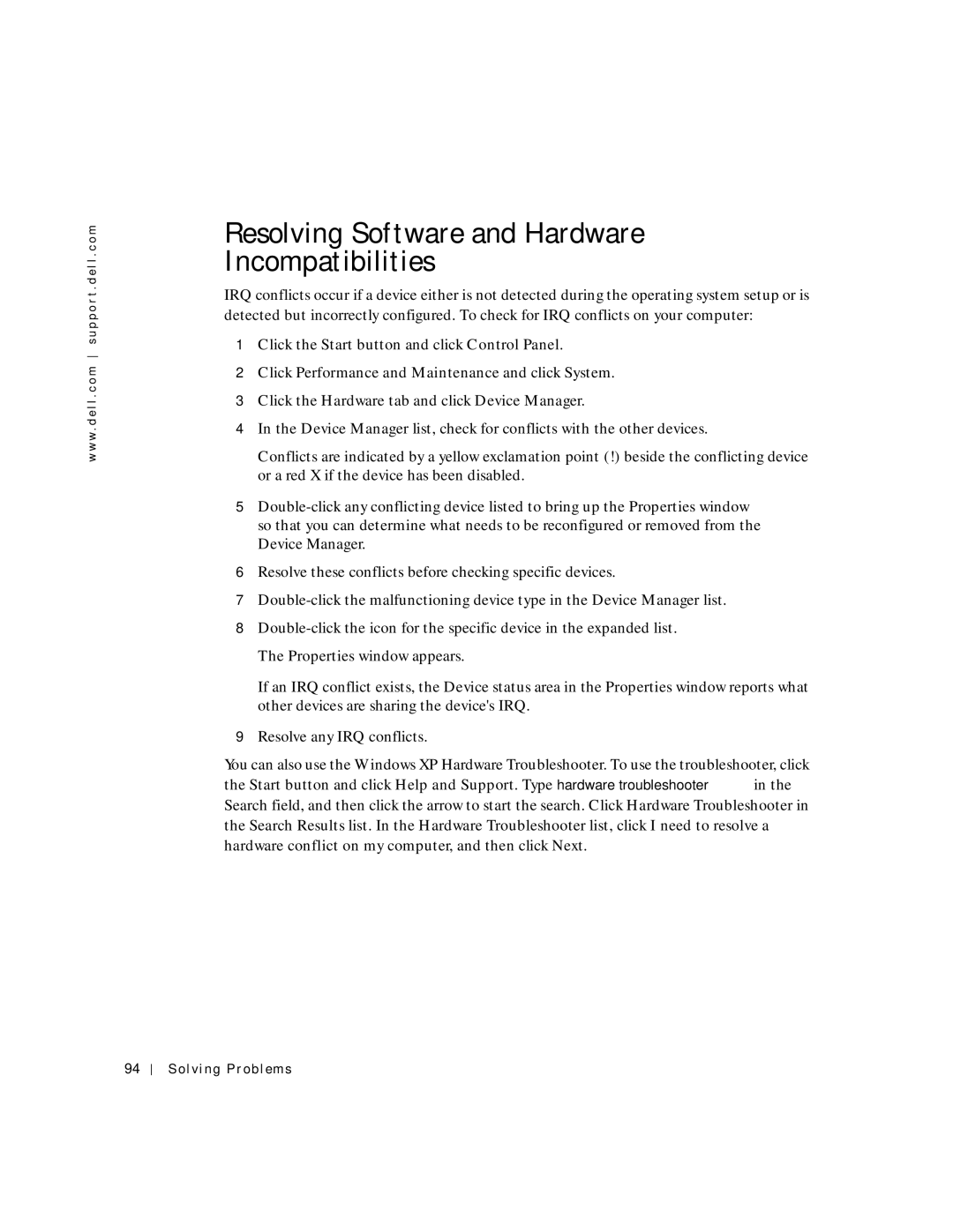 Dell PP04S Resolving Software and Hardware Incompatibilities, Click Performance and Maintenance and click System 