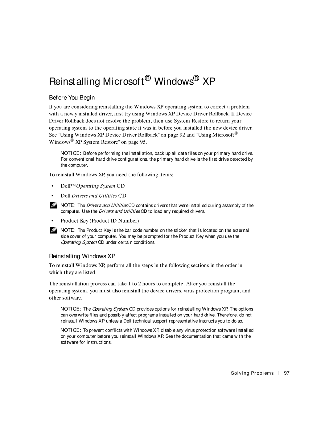 Dell PP04S owner manual Reinstalling Microsoft Windows XP, Before You Begin, Reinstalling Windows XP 