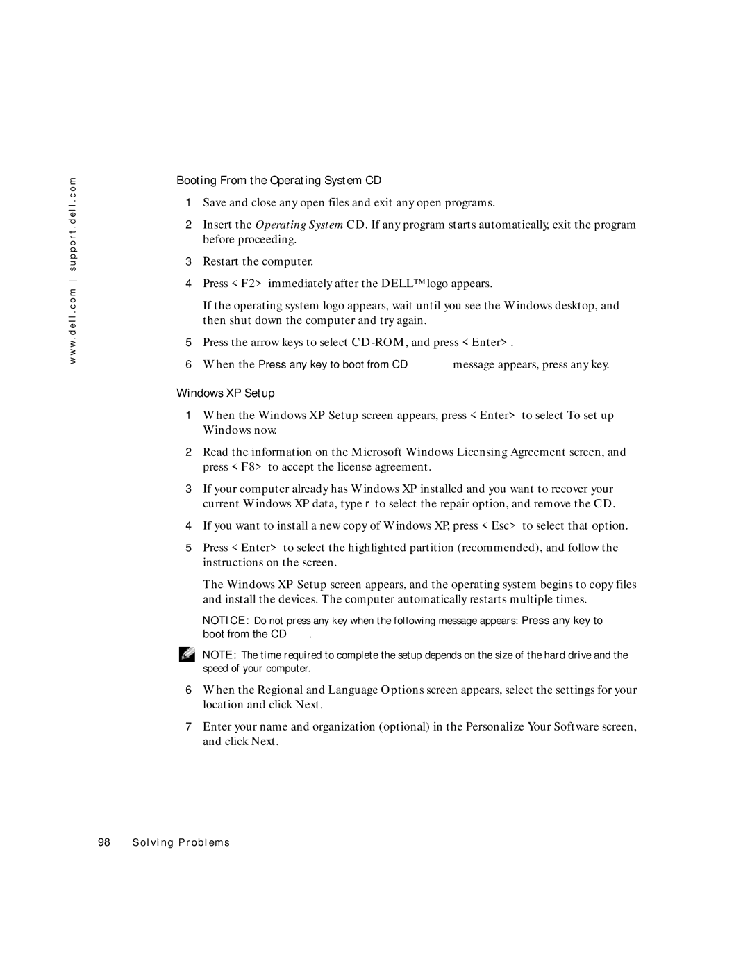 Dell PP04S owner manual Booting From the Operating System CD, Windows XP Setup 