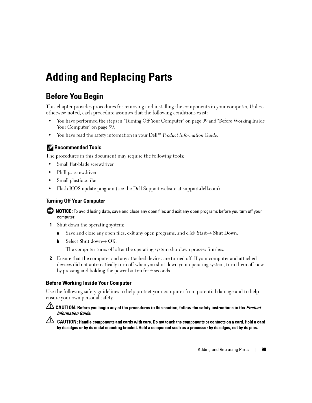 Dell D830, PP04X manual Adding and Replacing Parts, Before You Begin, Recommended Tools, Turning Off Your Computer 