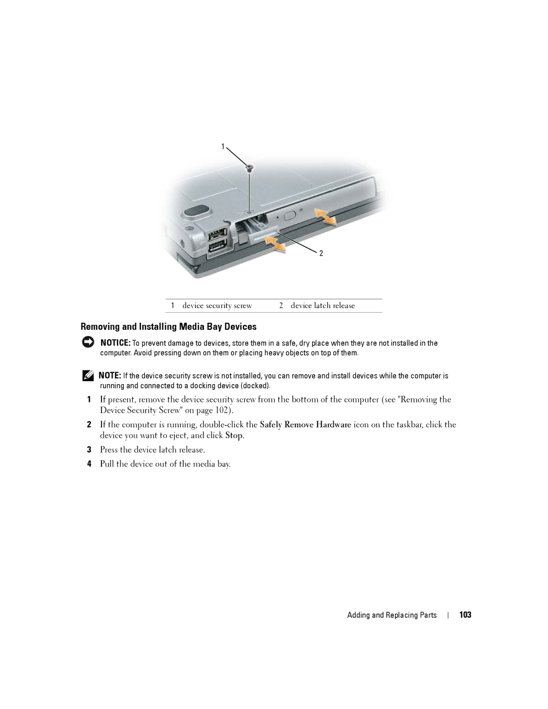 Dell D830, PP04X manual Removing and Installing Media Bay Devices, 103 