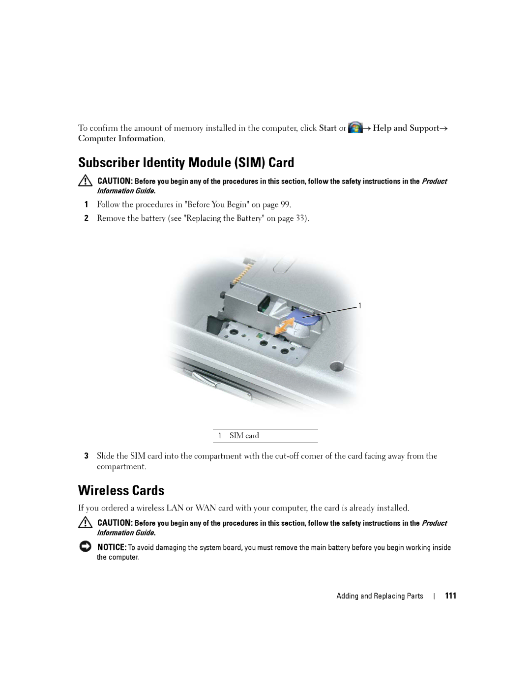 Dell D830, PP04X manual Subscriber Identity Module SIM Card, Wireless Cards, 111 
