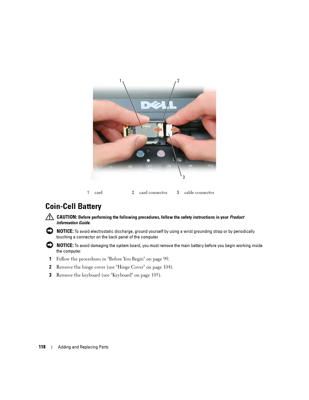 Dell PP04X, D830 manual Coin-Cell Battery, 118 