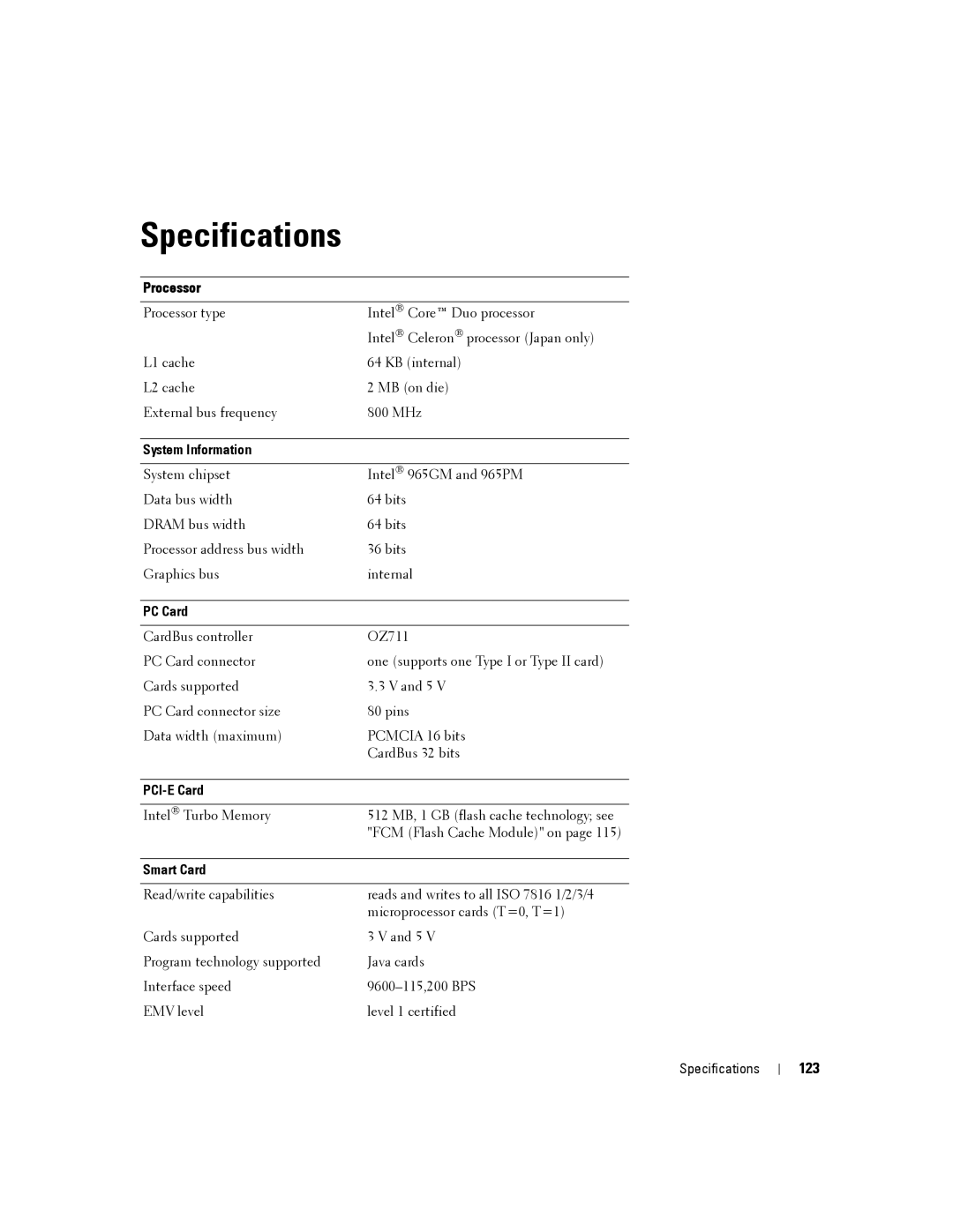 Dell D830, PP04X manual Specifications, 123 