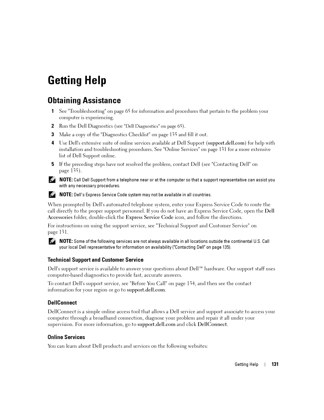 Dell D830 Getting Help, Obtaining Assistance, Technical Support and Customer Service, DellConnect Online Services, 131 