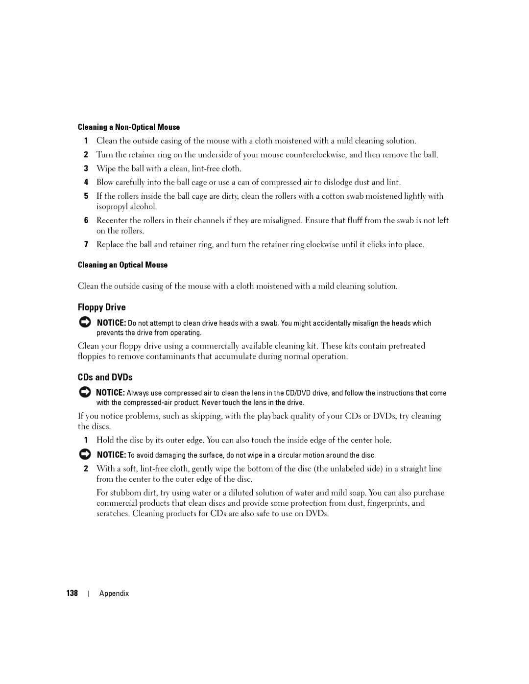 Dell PP04X, D830 manual Floppy Drive, CDs and DVDs, Cleaning a Non-Optical Mouse, Cleaning an Optical Mouse, 138 