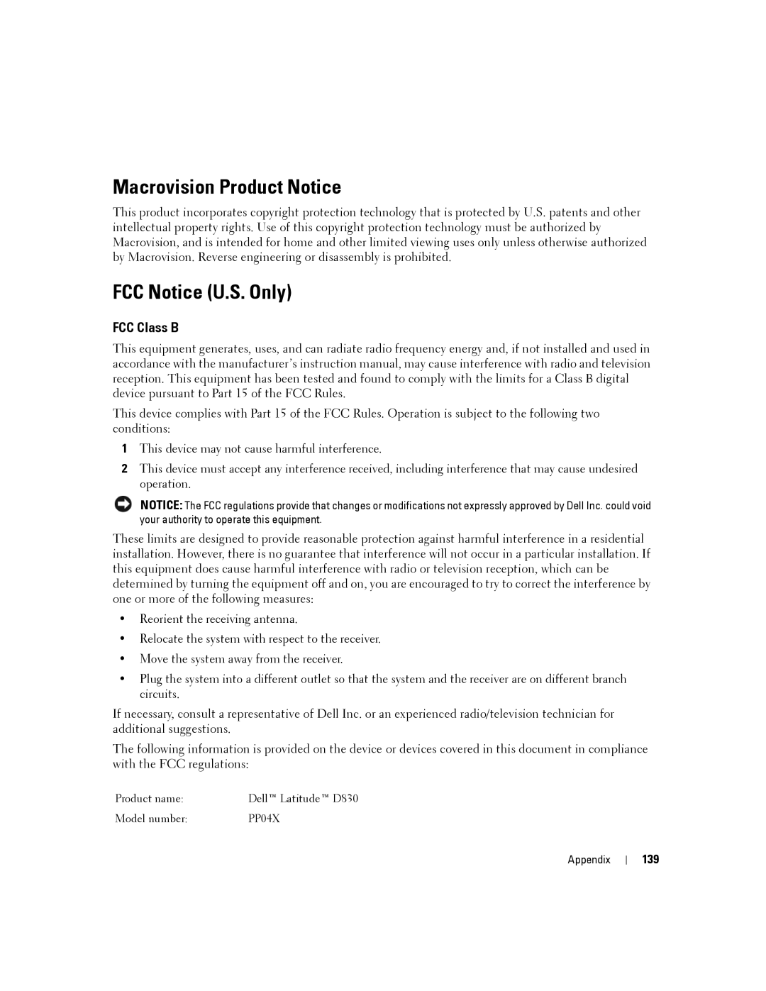 Dell D830, PP04X manual Macrovision Product Notice, FCC Notice U.S. Only, FCC Class B, 139 