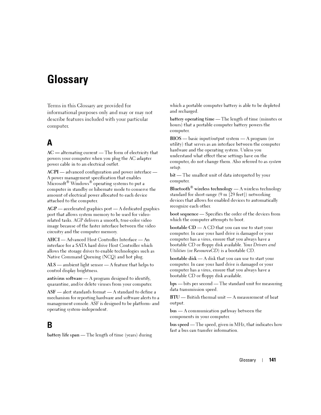 Dell D830, PP04X manual Glossary, 141 