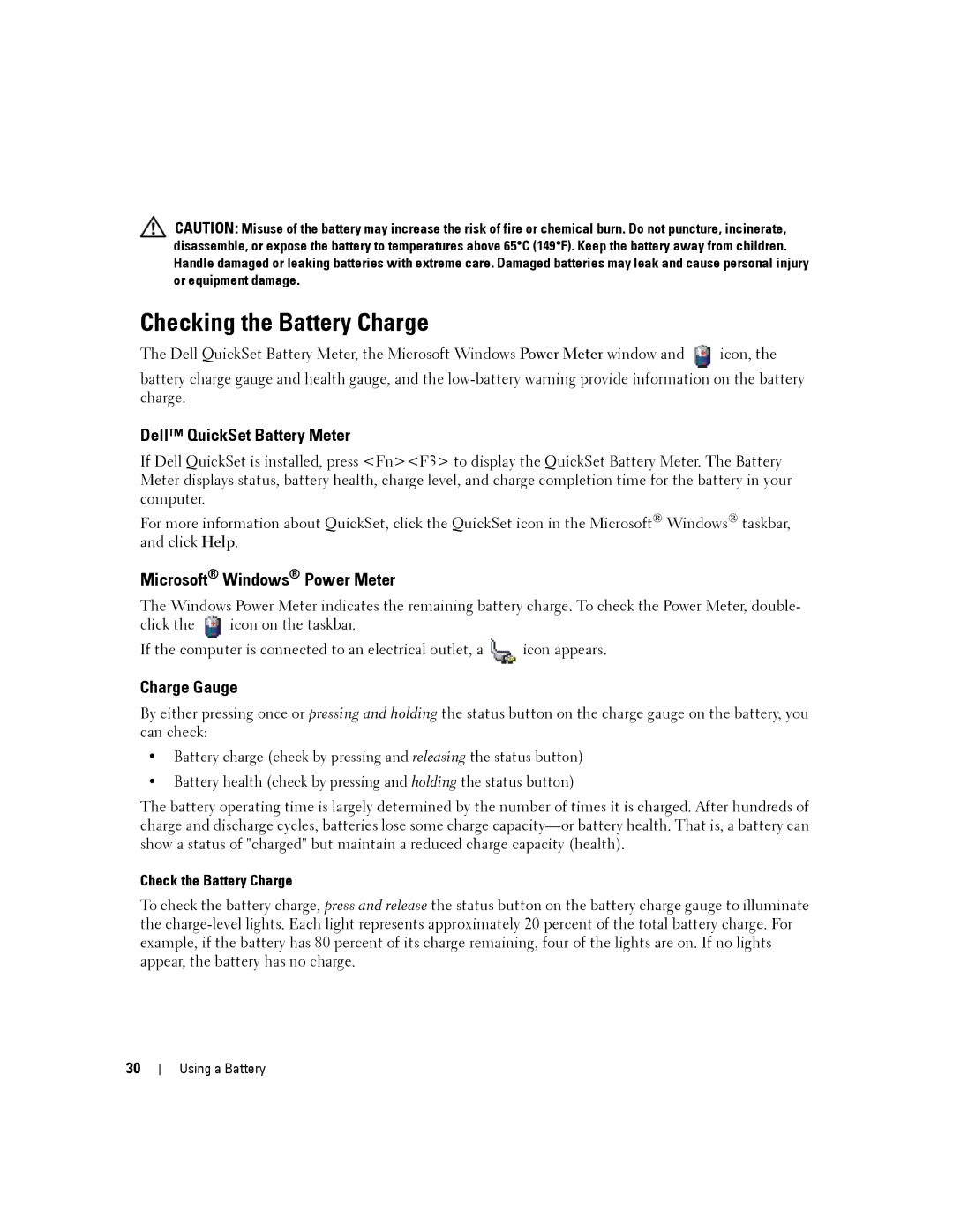 Dell PP04X, D830 Checking the Battery Charge, Dell QuickSet Battery Meter, Microsoft Windows Power Meter, Charge Gauge 