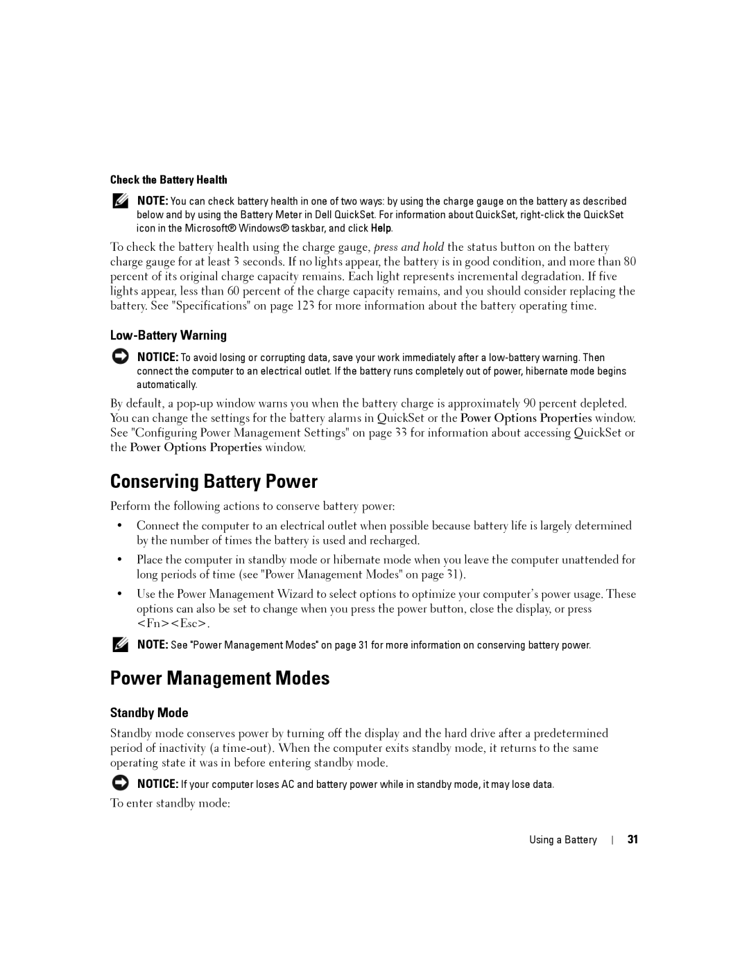 Dell D830 Conserving Battery Power, Power Management Modes, Low-Battery Warning, Standby Mode, Check the Battery Health 