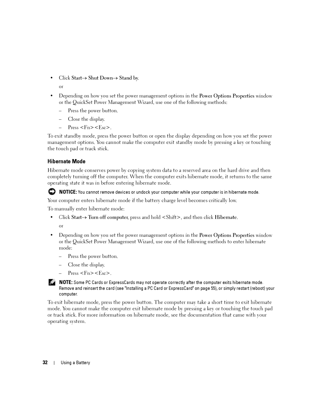 Dell PP04X, D830 manual Hibernate Mode, Click Start→ Shut Down→ Stand by. or 