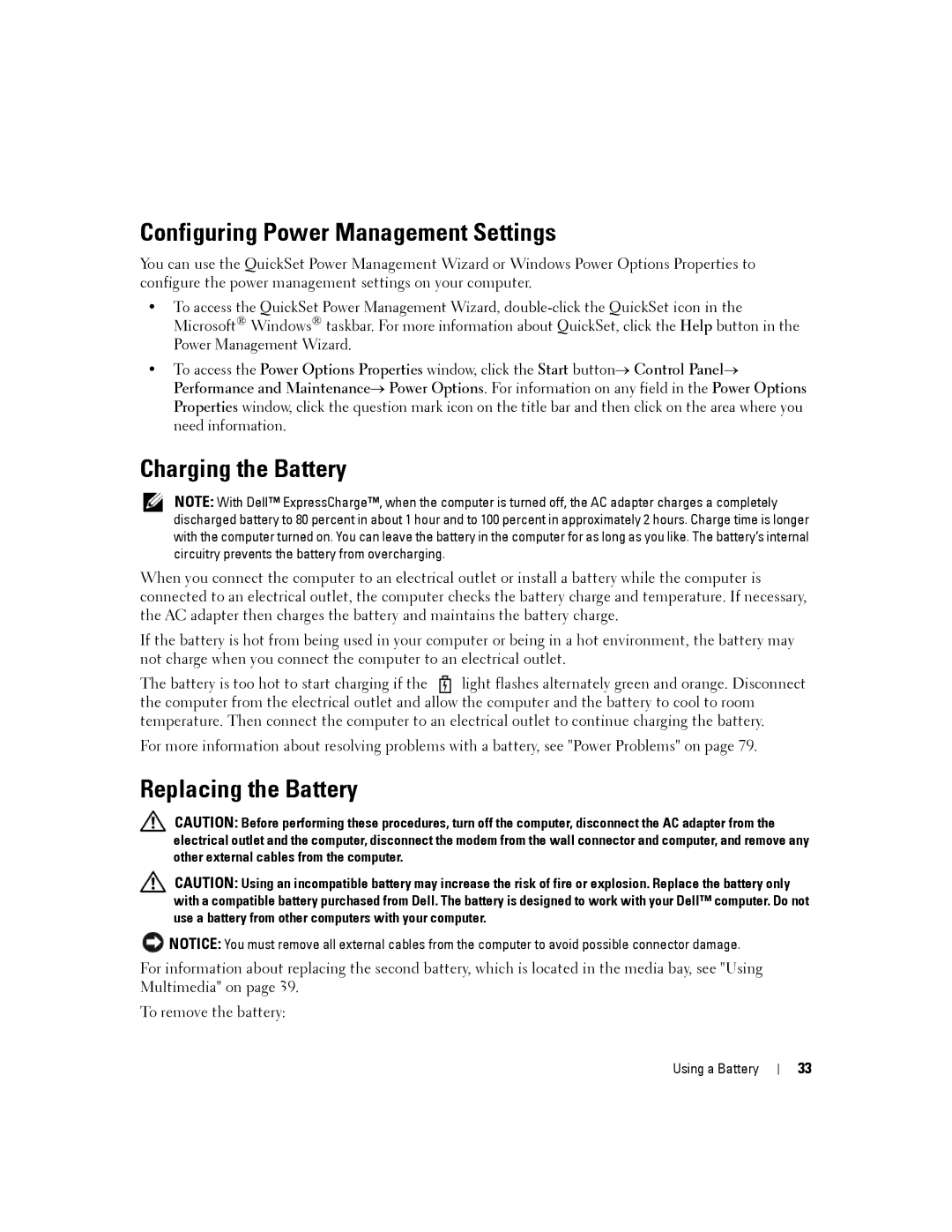 Dell D830, PP04X manual Configuring Power Management Settings, Charging the Battery, Replacing the Battery 