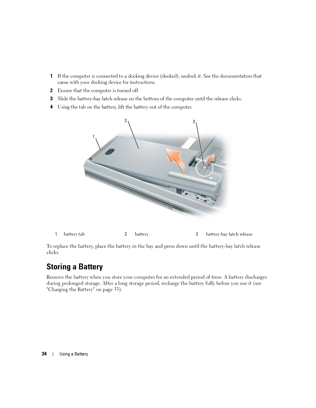 Dell PP04X, D830 manual Storing a Battery 