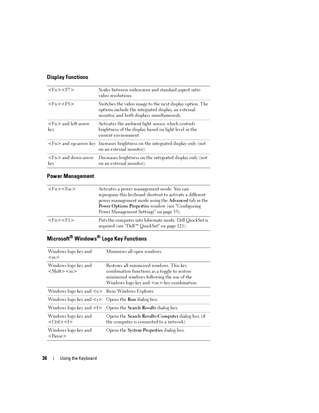 Dell PP04X, D830 manual Display Functions, Microsoft Windows Logo Key Functions, Power Management 