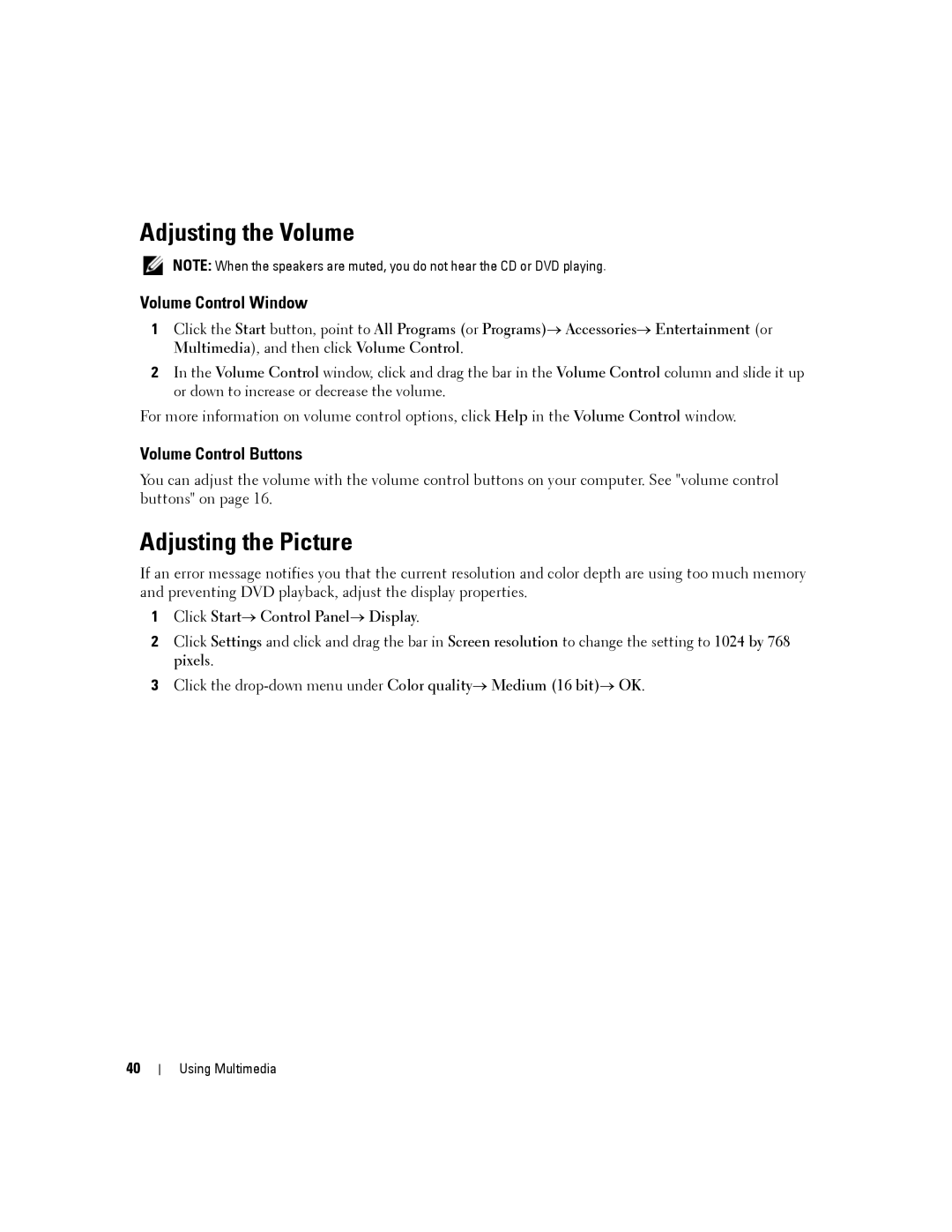 Dell PP04X, D830 manual Adjusting the Volume, Adjusting the Picture, Volume Control Window, Volume Control Buttons 