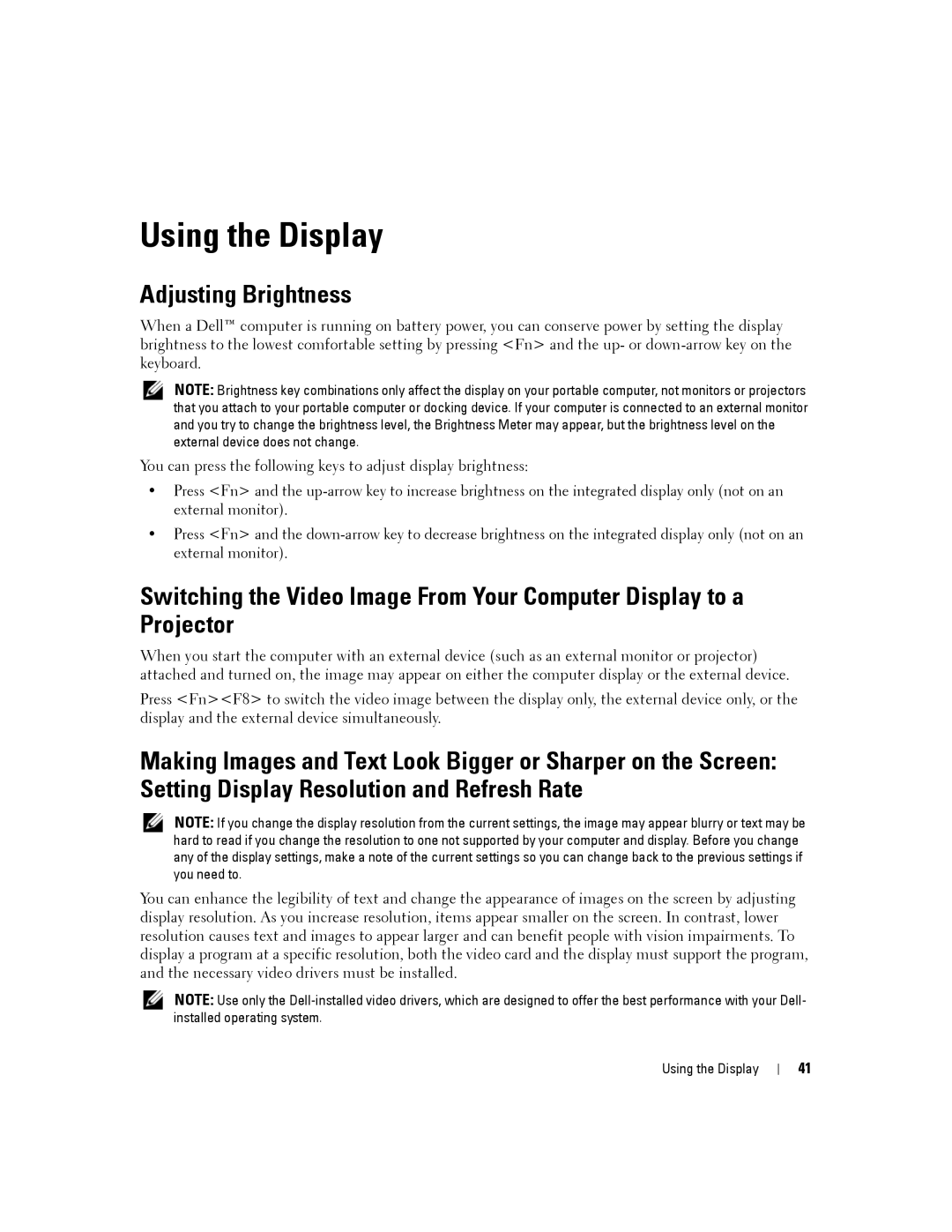 Dell D830, PP04X manual Using the Display, Adjusting Brightness 