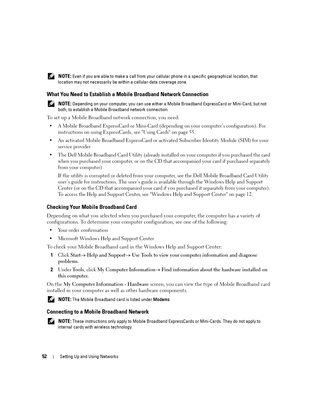 Dell PP04X, D830 manual Checking Your Mobile Broadband Card, Connecting to a Mobile Broadband Network 